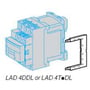 Diagram af Schneider Electric LAD-4DDL diodeblok med 24-250VDC, vist sammen med en monteringsramme.