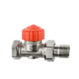 IMI Calypso F-EXACT lige termostatventil DN10 med rød forindstillingsknap, forniklet overflade og 3/8" gevind.