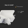 Bagside af V-TAC GU10 gipslampe i hvid gypsum, der viser 'Easy to Install' og skærestørrelse 123x123 mm.