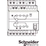 Skematisk tegning af Schneider Electric KNX fancoil aktuator, der viser elektriske diagrammer og terminaler for installation.