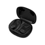 Et sæt sorte JVC HA-EC25T-B-U True Wireless sportshøretelefoner ses i et åbent, skinnende sort opladningsetui.