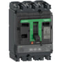 Bagfra visning af Schneider Electric ComPacT NSX100F maksimalafbryder, der viser tilslutningspunkter og labelinformation på siden.