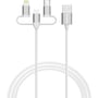 Verbatim Essentials 3-i-1 USB-A-ladekabel med USB-A-stik og Micro-B-, USB-C- og Lightning-stik øverst.