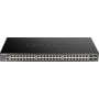 Sort D-Link DGS-1250-52X/E switch set mere direkte forfra med de mange netværksporte og fire SFP+-porte.
