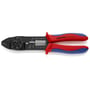 Knipex krympetang 97 21 215 B med røde og blå håndtag, viser funktioner for isolering og crimpning af 0,5-2,5 mm² ledninger.