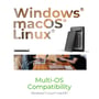 Åbent ICY Box IB-201T-CU31-kabinet med drev vises sammen med tekst om kompatibilitet med Windows, macOS og Linux.