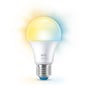 WiZ E27 A60 LED-pære med Tunable White, viser den hvide pære med lysende nuancer af gul og blå på hvid baggrund.