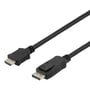 Deltaco DisplayPort til HDMI-kabel, 1 meter og sort, med HDMI- og DisplayPort-stikkene vist skråt forfra.