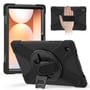 4smarts Rugged Case Grip ses forfra og bagfra på en Samsung Galaxy Tab A11+ med håndrem og støttefod.