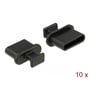 Delock sort støvhætte med greb til USB Type-C-hunstik, vist fra to vinkler med åbningen og grebet synlige.