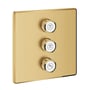Grohe Grohtherm SmartControl ventiloverdel i børstet messing med tre runde greb og symboler til vandudløb, 158x158 mm.