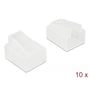 To DeLock støvbeskyttelser til RJ45 stik, 10 stk i pakken, transparent plast, isoleret på hvid baggrund.
