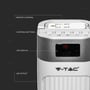 Detaljeret visning af V-TAC tårnviftens top, der fremhæver fjernbetjening, kontrolknapper og LED display.