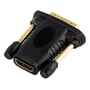 Deltaco HDMI til DVI-D-adapter set fra HDMI-siden med HDMI-indgangen tydeligt synlig og DVI-stikket bagved.