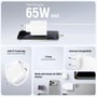 Grafik med 4smarts PDPlug Slim 65 W GaN-vægoplader, dens porte og stik samt illustrationer af kompatible enheder.