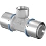 Uponor MLC press T-stykke med 40mm muffe og 1/2" afgrening, lavet af PPSU og rustfrit stål med blå markeringer.