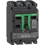 Schneider Electric ComPacT NSX100F maksimalafbryder, 3-polet, med grønt håndtag og klar frontplade, vist fra skrå vinkel.