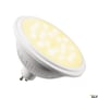 SLV QPAR111 GU10 smart LED-lyskilde set skråt forfra i en større visning med lysende front og synligt SLV-logo.