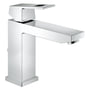 Grohe Eurocube håndvaskarmatur i krom med et greb og M-Size tude på hvid baggrund, viser et moderne og stilrent design.
