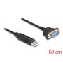 DeLock USB til RS-232-adapter med FTDI set tæt på, med USB-A-stik, DB9-hunstik og angivelsen 50 cm.