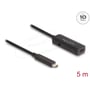 DeLock aktivt USB-C-forlængerkabel med hanstik og hunstik vist tæt på samt grafik med 10 Gbps og 5 meter.