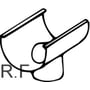 Skitse af Plastmo tudstykke til 90mm tagrende med tekst 'R.F.' i nederste venstre hjørne.