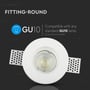 V-TAC GU10 lampe i hvid gips, der illustrerer kompatibilitet med GU10 fatning og angiver lampe ikke er inkluderet.