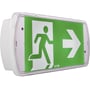 Set fra en let vinkel viser dette Eaton ZetaLED S 20m armatur det grønne flugtvejsskilt med hvid løbende mand og pil mod højre.