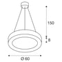 Målskitse af SLV Medo ring LED-pendel med ringformet skærm, ophæng og angivne mål.