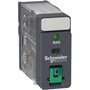 Schneider Electric Zelio RXG stikbensrelæ med 1 C/O kontakt, 10A, 24V DC, komplet med testknap og grøn LED-indikator.