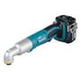 Makita 18V vinkelslagskruetrækker set fra siden, fremhæver det vinklede hoved og det fastmonterede 18V LXT batteri.