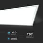 V-TAC LED-panel 120x30 cm viser tekniske specifikationer som 120 lumen/W og 120 graders lysspredning.