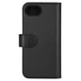 Deltaco wallet case til iPhone SE 2024 set bagfra, viser det sorte veganske læder og sømme.