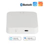 Hvid Bluetooth gateway hub vist med Bluetooth- og smart home-logoer samt mærker for Alexa og Google Assistant.