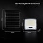 Målskitse af V-TAC LED-projektør med solcellepanel med angivne mål for lampen og panelet.