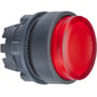 Schneider Electric ZB5AW143 lampetrykhoved, rød og ophøjet med 22mm diameter, vist fra siden mod hvid baggrund.