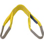 Gul løftestropp i nylon med forstærkede ender, vist i en V-konfiguration.