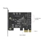 DeLock SATA-kortet set bagfra med to SATA-porte og PCI Express x1-kontakt samt markeringer af tilslutningerne.