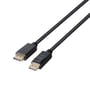 Deltaco DisplayPort-kabel med begge stik synlige skråt forfra og de sorte kabelender strakt opad.