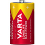 Varta Longlife Max Power D-alkalibatteri set forfra med rød og gul indpakning og synlig pluspol.