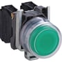 Schneider Electric trykknap grøn plan NO med 1NO kontakt og 22mm monteringsdiameter, vist med bagmonteret kontaktblok.