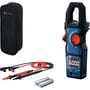 Bosch tangmeter GMC 600-15 Professional med tilbehør: sort etui, måleledninger, to AA-batterier og selve tangmeteren.