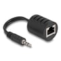 DeLock stereo-lydforlænger, 50 meter, set skråt forfra med RJ45-port og 3,5 mm-hanstik synlige.