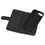 Deltaco wallet case til iPhone SE 2024 åbnet, viser interiør med tre kortlommer og en aftagelig magnetisk cover-ramme.
