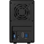 Bagsiden af det sorte ICY BOX IB-RD3620SU3 RAID-kabinet med blæser, USB 3.0-port, strømindgang og kontakt.
