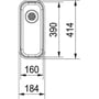Oversigtsbillede af Franke LAX 110-16 køkkenvask i rustfrit stål med dimensionstegning af bredde 184 mm og dybde 414 mm.