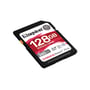 Kingston Canvas React Plus 128GB SDXC UHS-II hukommelseskort med 280MB/s læse- og 100MB/s skrivehastighed, isoleret på hvid baggrund.