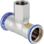 Geberit Mapress T-stykke i rustfrit stål med 15 mm presfitting og 1/2" indvendigt gevind til gasinstallationer.