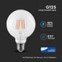 V-Tac G125 LED globepære med klar glas og kultråd, viser 85% energibesparelse og E27 fatning med Samsung LED teknologi.