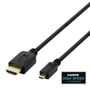 Skråt udsnit af Deltaco HDMI til micro HDMI-kabel på 2 meter med begge sorte stik og kabelstrækningen tydeligt vist.